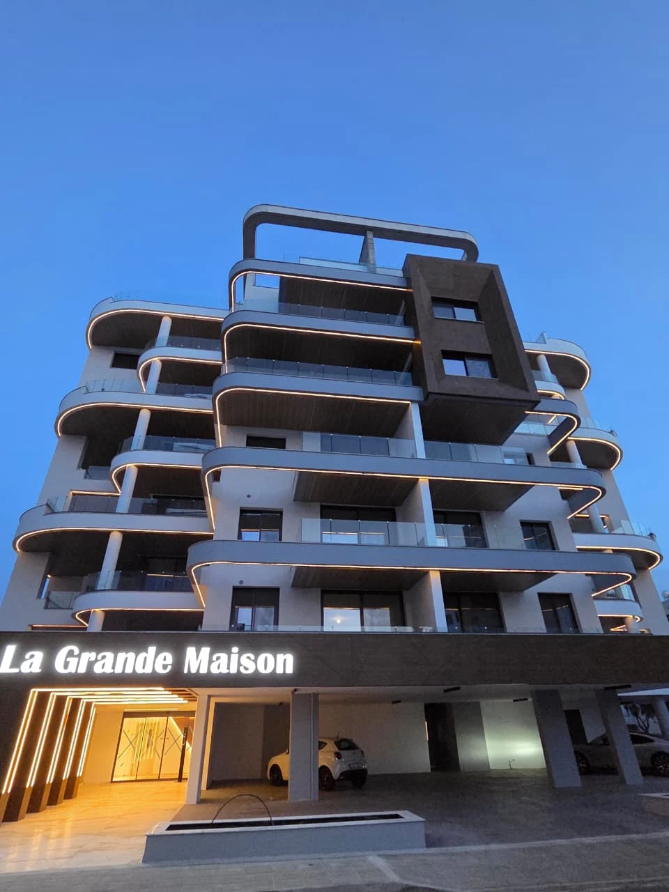 Completed exterior at dusk